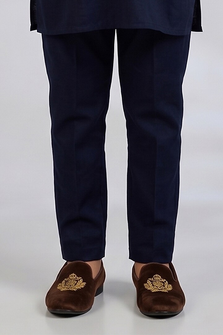 Navy Blue Blended Silk Embroidered Bundi Jacket Set For Boys by Spring Break- Kids at Pernia's Pop Up Shop