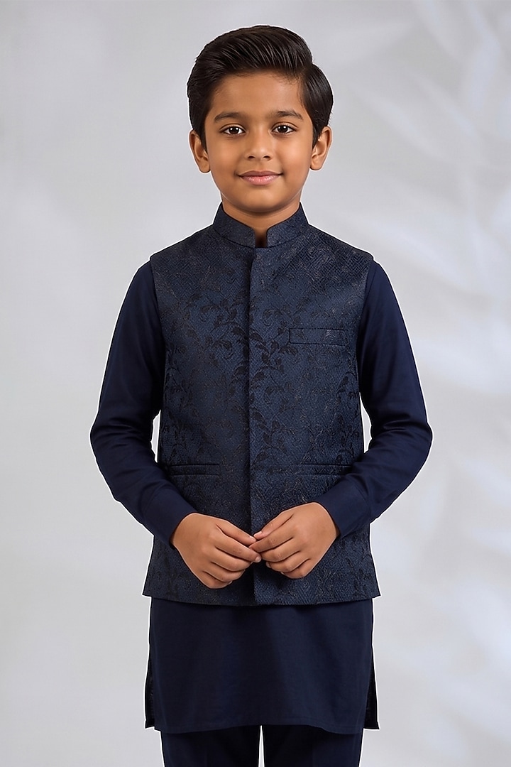 Navy Blue Blended Silk Embroidered Bundi Jacket Set For Boys by Spring Break- Kids at Pernia's Pop Up Shop