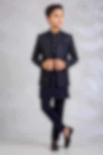 Navy Blue Blended Silk Embroidered Indowestern Set For Boys by Spring Break- Kids at Pernia's Pop Up Shop