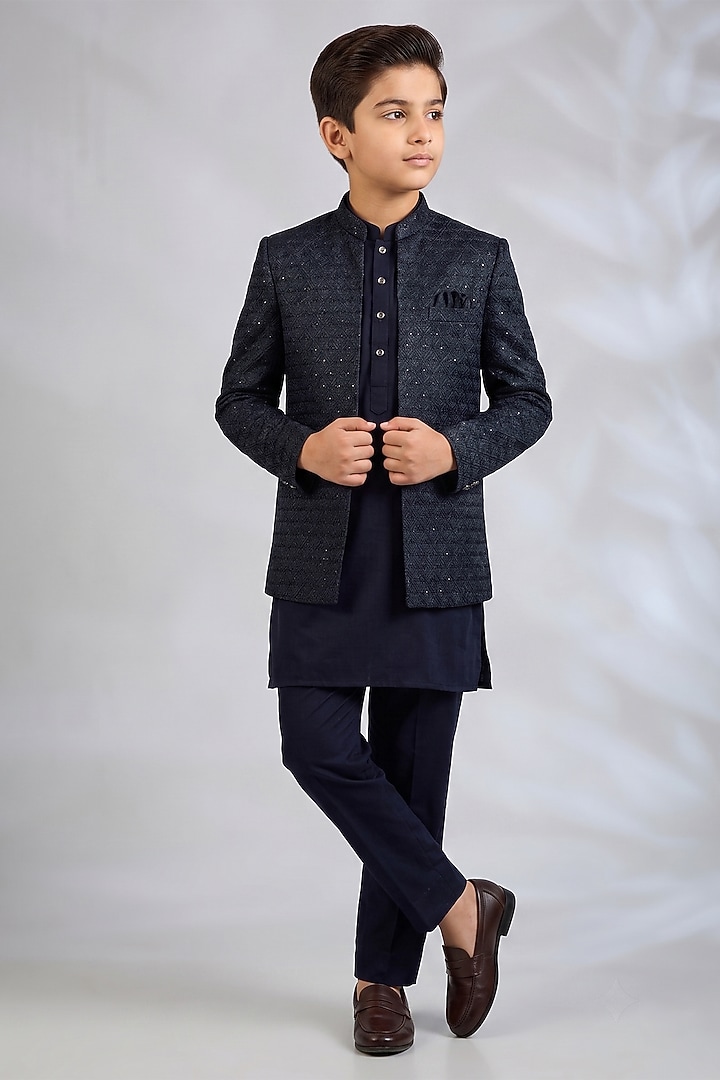 Navy Blue Blended Silk Embroidered Indowestern Set For Boys by Spring Break- Kids at Pernia's Pop Up Shop