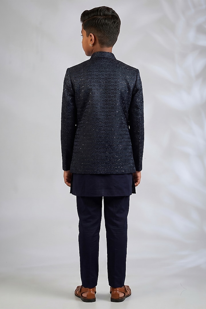 Navy Blue Blended Silk Embroidered Indowestern Set For Boys by Spring Break- Kids at Pernia's Pop Up Shop
