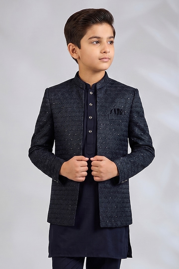 Navy Blue Blended Silk Embroidered Indowestern Set For Boys by Spring Break- Kids at Pernia's Pop Up Shop