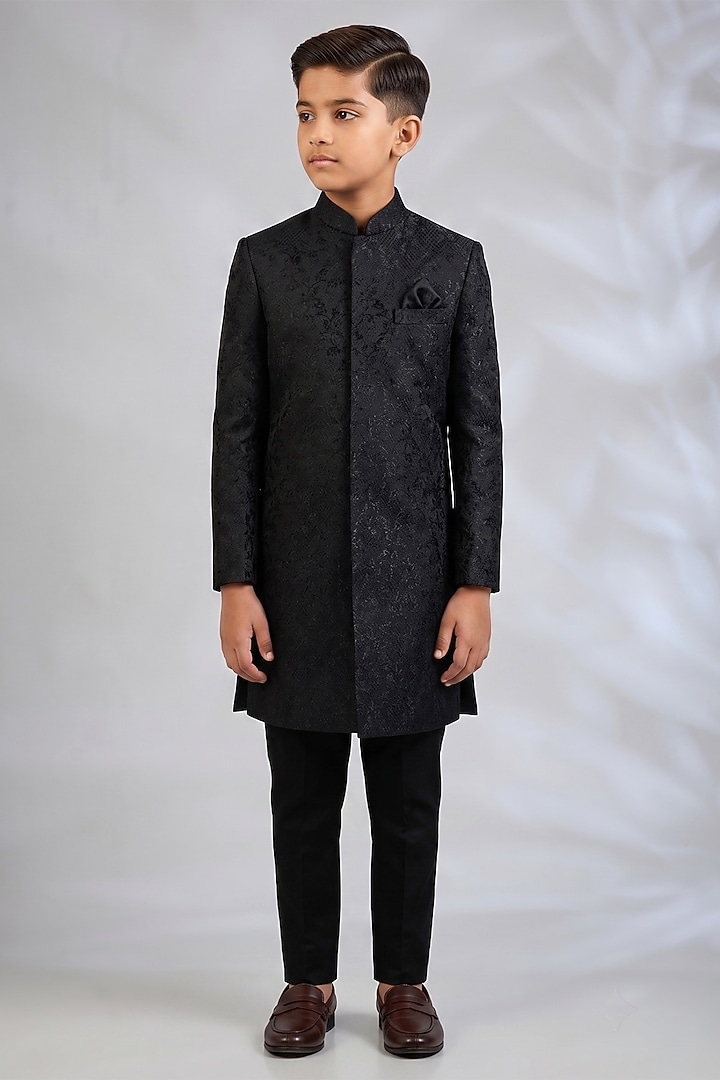 Black Blended Silk Embroidered Sherwani Set For Boys by Spring Break- Kids at Pernia's Pop Up Shop