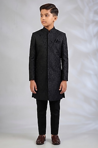 Black Blended Silk Embroidered Sherwani Set For Boys by Spring Break- Kids
