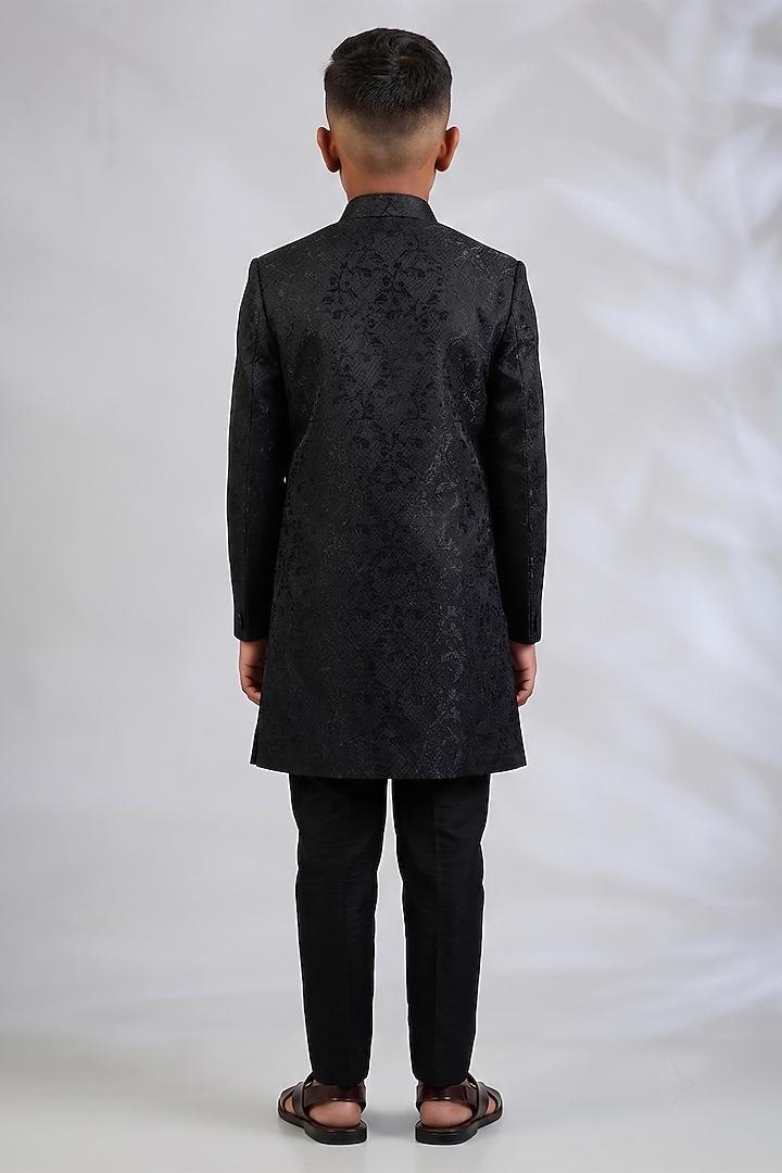 Black Blended Silk Embroidered Sherwani Set For Boys by Spring Break- Kids at Pernia's Pop Up Shop