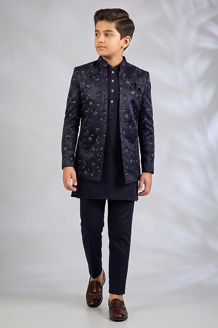 Navy Blue Blended Silk Floral Embroidered Indowestern Set For Boys by Spring Break- Kids at Pernia's Pop Up Shop