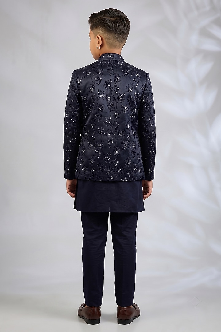 Navy Blue Blended Silk Floral Embroidered Indowestern Set For Boys by Spring Break- Kids at Pernia's Pop Up Shop