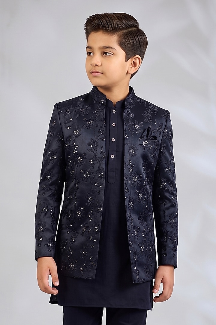 Navy Blue Blended Silk Floral Embroidered Indowestern Set For Boys by Spring Break- Kids at Pernia's Pop Up Shop