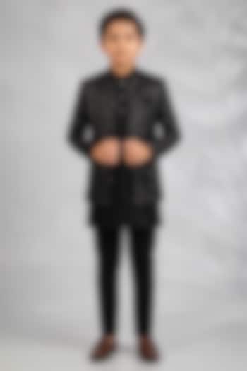 Black Blended Silk Floral Embroidered Indowestern Set For Boys by Spring Break- Kids at Pernia's Pop Up Shop
