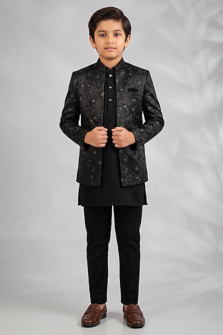 Black Blended Silk Floral Embroidered Indowestern Set For Boys by Spring Break- Kids at Pernia's Pop Up Shop
