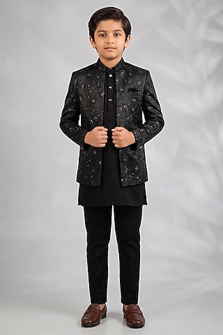 Black Blended Silk Floral Embroidered Indowestern Set For Boys by Spring Break- Kids