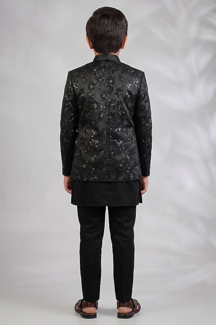 Black Blended Silk Floral Embroidered Indowestern Set For Boys by Spring Break- Kids at Pernia's Pop Up Shop