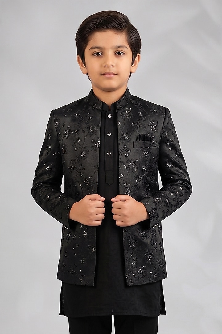 Black Blended Silk Floral Embroidered Indowestern Set For Boys by Spring Break- Kids at Pernia's Pop Up Shop