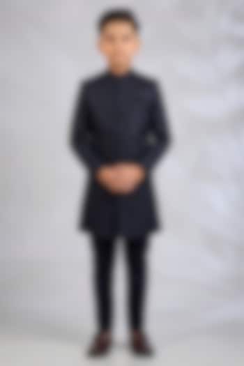 Navy Blue Blended Silk Embroidered Sherwani Set For Boys by Spring Break- Kids at Pernia's Pop Up Shop