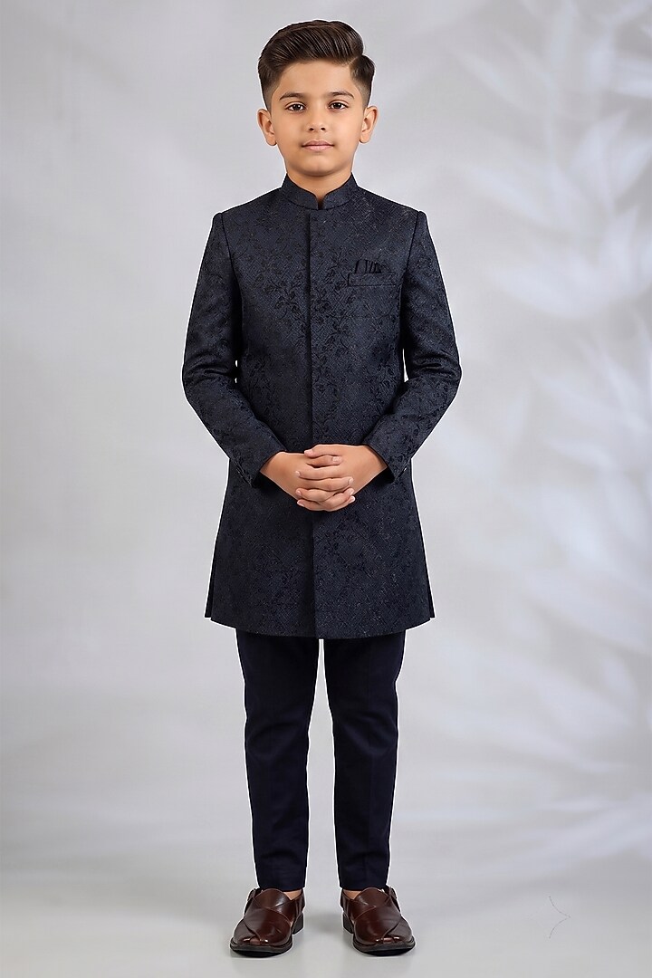 Navy Blue Blended Silk Embroidered Sherwani Set For Boys by Spring Break- Kids at Pernia's Pop Up Shop