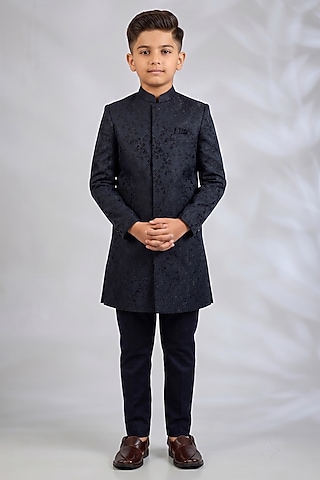 Navy Blue Blended Silk Embroidered Sherwani Set For Boys by Spring Break- Kids