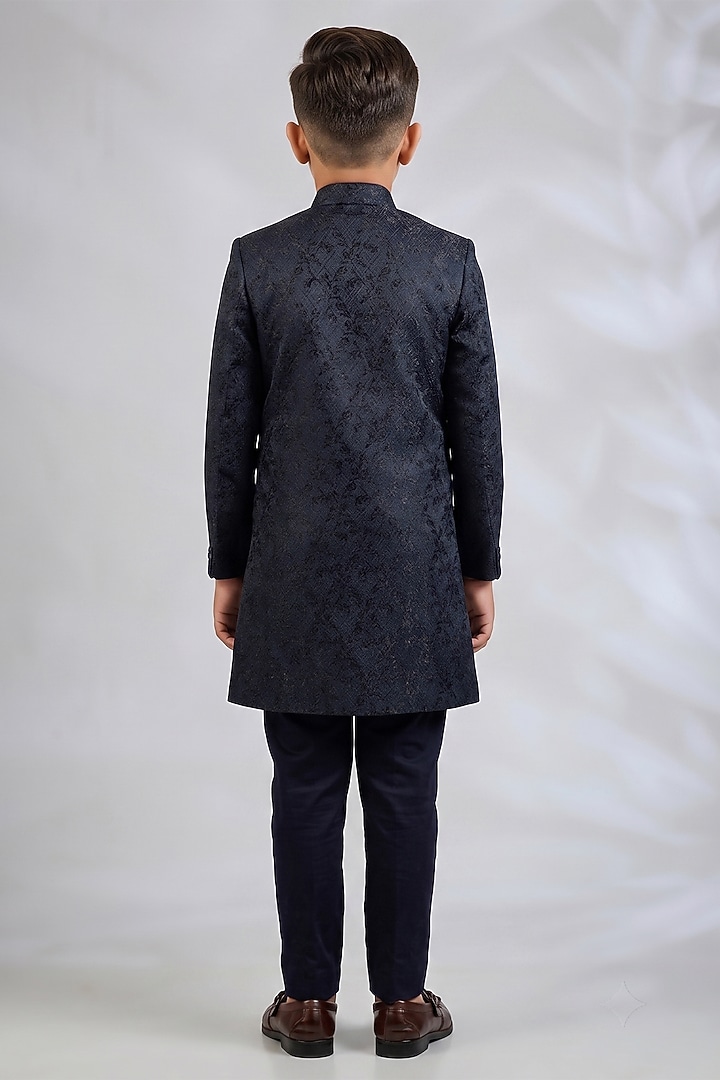 Navy Blue Blended Silk Embroidered Sherwani Set For Boys by Spring Break- Kids at Pernia's Pop Up Shop