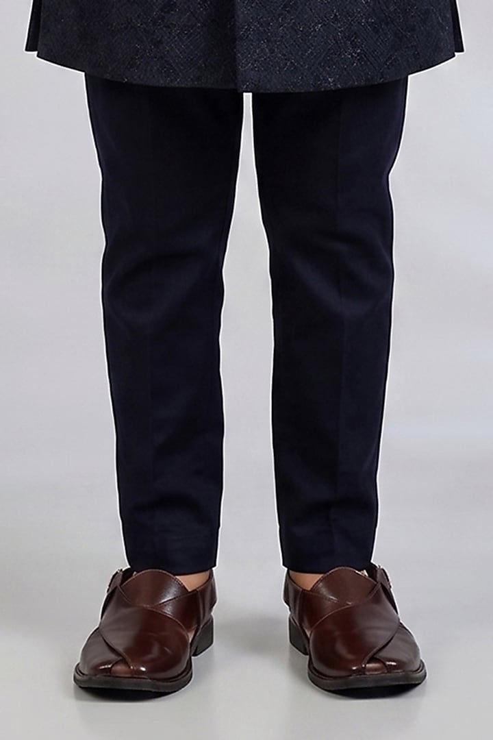 Navy Blue Blended Silk Embroidered Sherwani Set For Boys by Spring Break- Kids at Pernia's Pop Up Shop