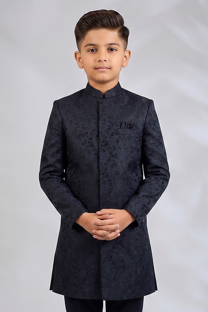 Navy Blue Blended Silk Embroidered Sherwani Set For Boys by Spring Break- Kids at Pernia's Pop Up Shop