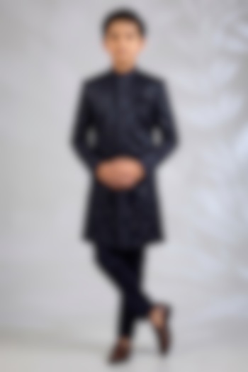 Navy Blue Blended Silk Floral Embroidered Sherwani Set For Boys by Spring Break- Kids at Pernia's Pop Up Shop
