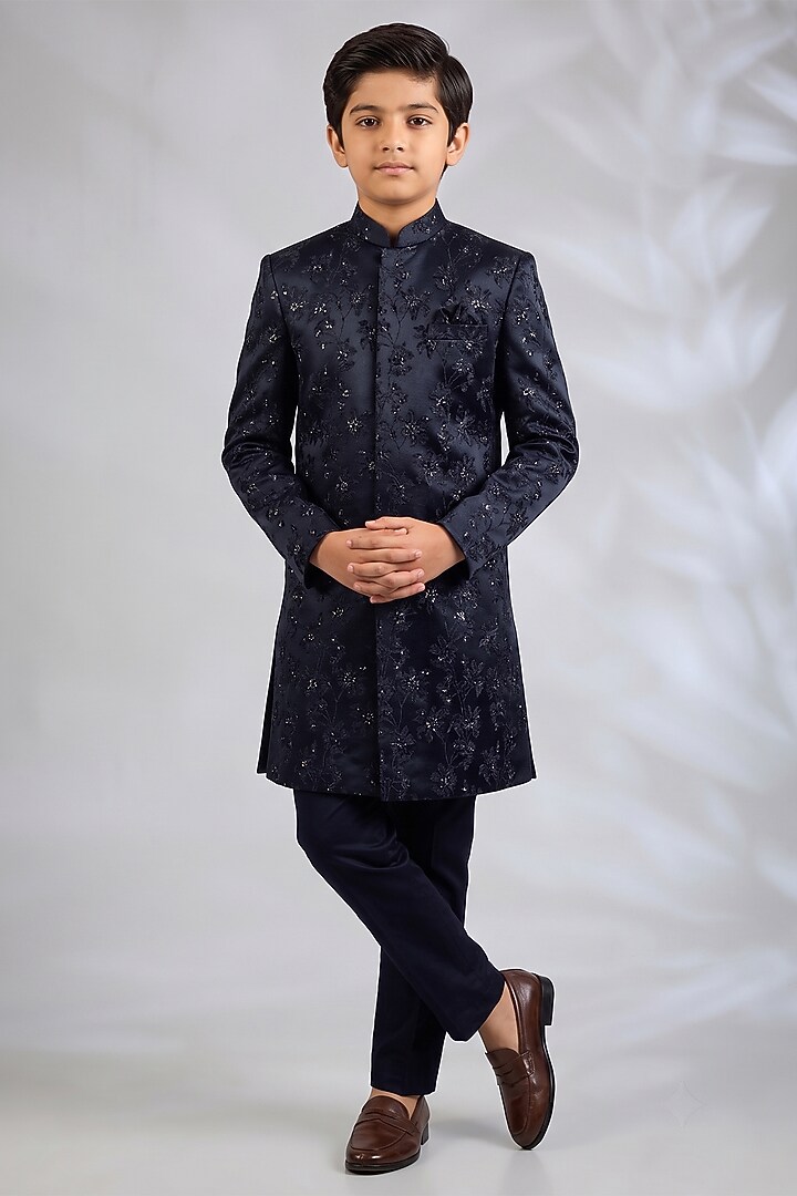 Navy Blue Blended Silk Floral Embroidered Sherwani Set For Boys by Spring Break- Kids at Pernia's Pop Up Shop