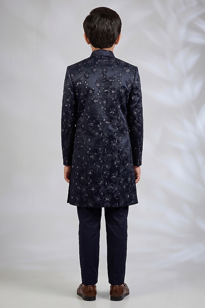 Navy Blue Blended Silk Floral Embroidered Sherwani Set For Boys by Spring Break- Kids at Pernia's Pop Up Shop