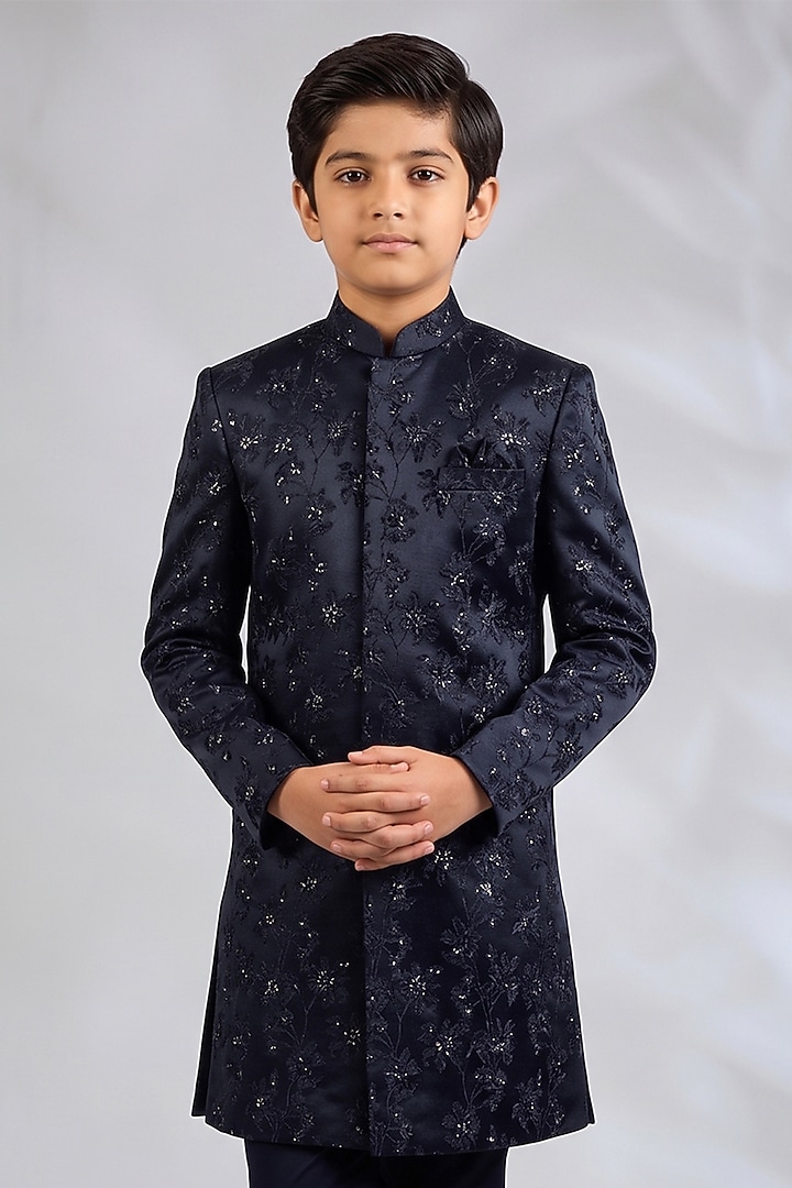 Navy Blue Blended Silk Floral Embroidered Sherwani Set For Boys by Spring Break- Kids at Pernia's Pop Up Shop