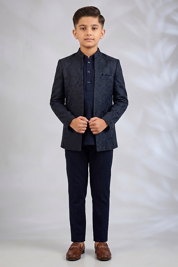 Navy Blue Blended Silk Embroidered Indowestern Set For Boys by Spring Break- Kids at Pernia's Pop Up Shop