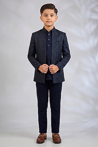 Navy Blue Blended Silk Embroidered Indowestern Set For Boys by Spring Break- Kids