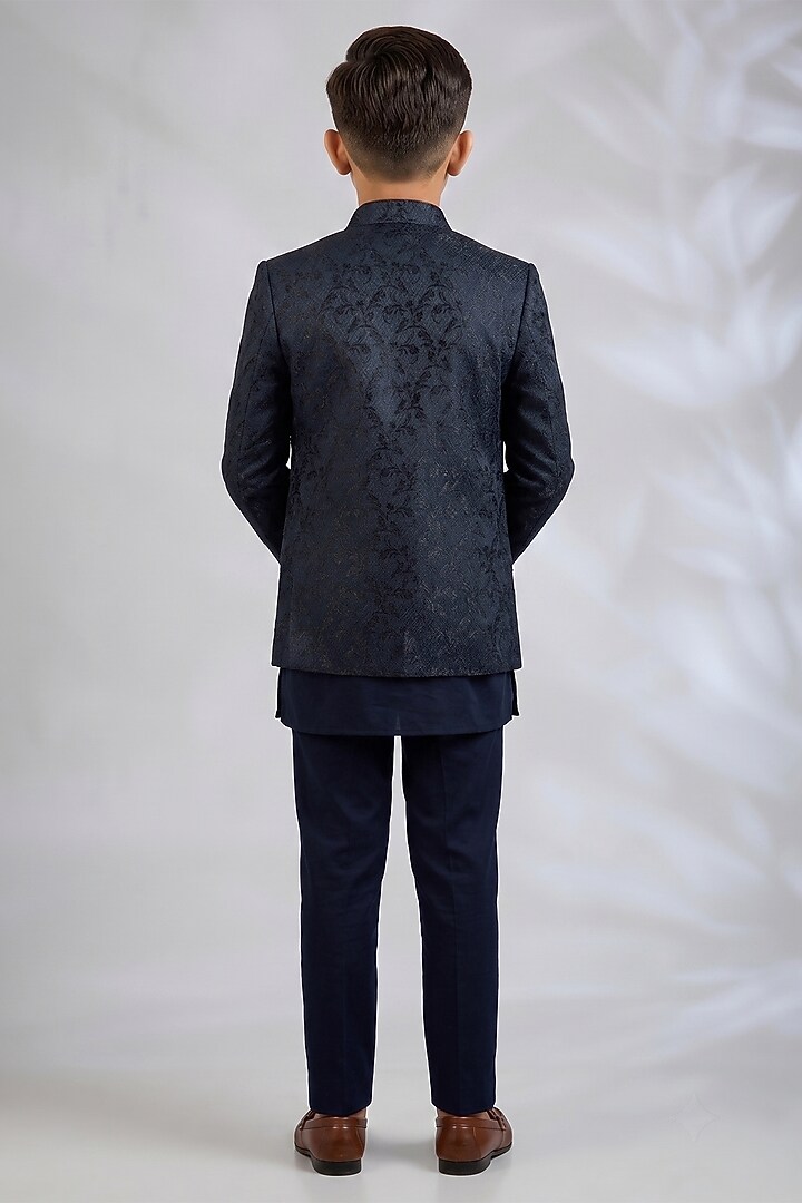 Navy Blue Blended Silk Embroidered Indowestern Set For Boys by Spring Break- Kids at Pernia's Pop Up Shop