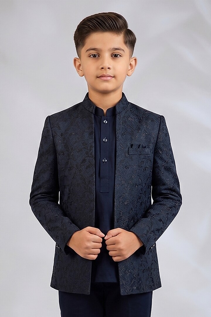 Navy Blue Blended Silk Embroidered Indowestern Set For Boys by Spring Break- Kids at Pernia's Pop Up Shop
