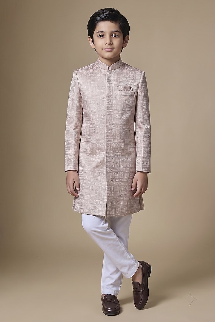 Light Pink Dupion Silk Embroidered Jacquard Sherwani Set For Boys by Spring Break- Kids at Pernia's Pop Up Shop
