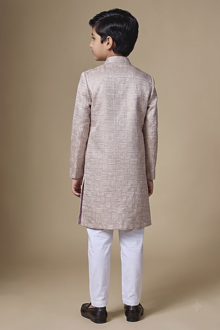 Light Pink Dupion Silk Embroidered Jacquard Sherwani Set For Boys by Spring Break- Kids at Pernia's Pop Up Shop