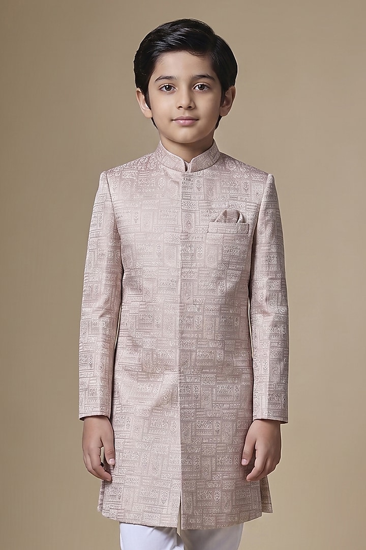 Light Pink Dupion Silk Embroidered Jacquard Sherwani Set For Boys by Spring Break- Kids at Pernia's Pop Up Shop