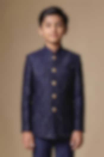 Navy Blue Dupion Silk Machine Embroidered Bandhgala For Boys by Spring Break- Kids at Pernia's Pop Up Shop