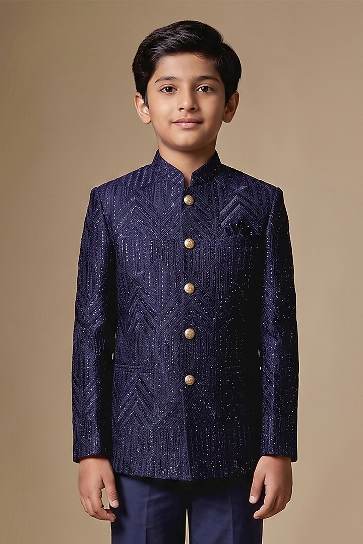 Navy Blue Dupion Silk Machine Embroidered Bandhgala For Boys by Spring Break- Kids at Pernia's Pop Up Shop