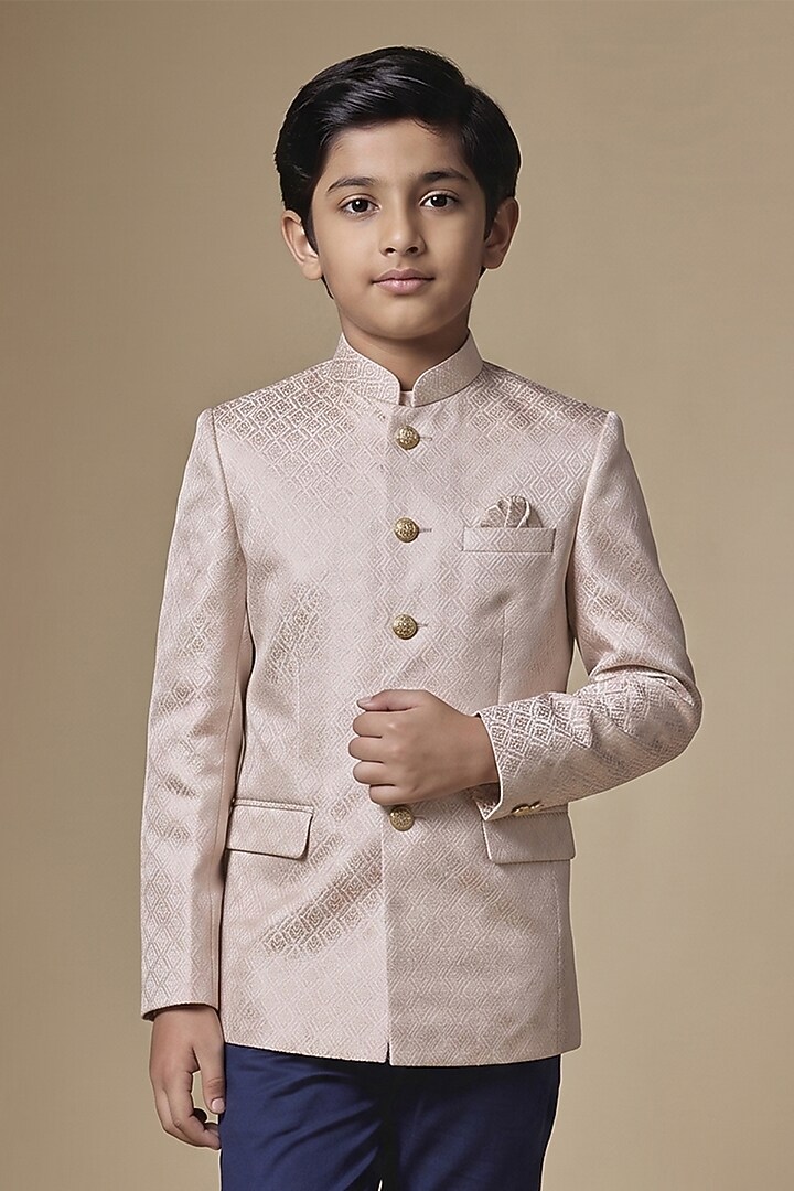Light Pink Dupion Silk Machine Embroidered Bandhgala For Boys by Spring Break- Kids at Pernia's Pop Up Shop
