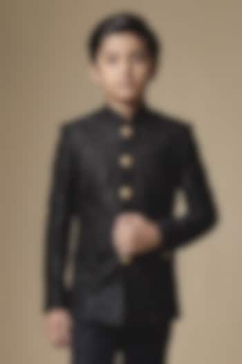 Black Dupion Silk Machine Embroidered Bandhgala For Boys by Spring Break- Kids at Pernia's Pop Up Shop