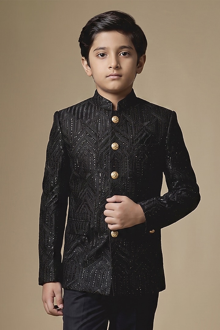 Black Dupion Silk Machine Embroidered Bandhgala For Boys by Spring Break- Kids at Pernia's Pop Up Shop
