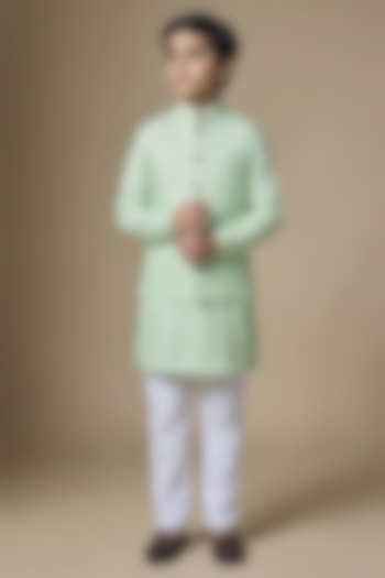 Mint Green Dupion Silk Machine Embroidered Bundi Jacket Set For Boys by Spring Break- Kids at Pernia's Pop Up Shop