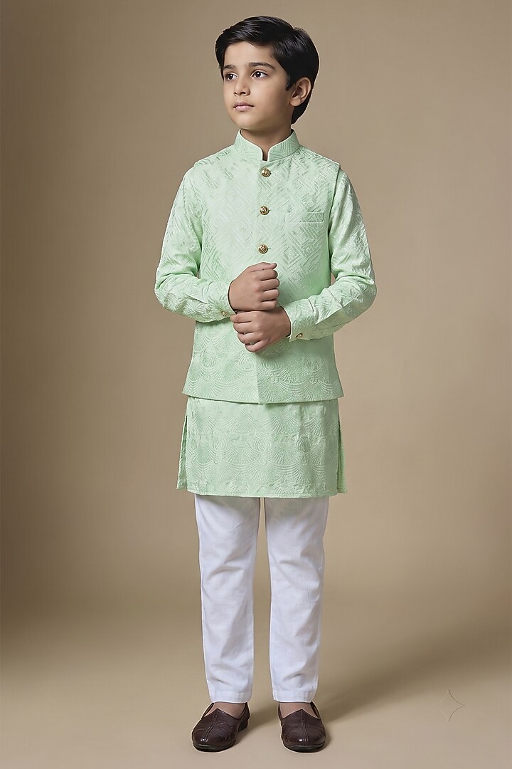 Mint Green Dupion Silk Machine Embroidered Bundi Jacket Set For Boys by Spring Break- Kids at Pernia's Pop Up Shop