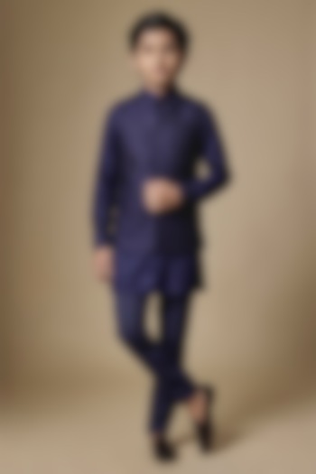 Navy Blue Dupion Silk Machine Embroidered Bundi Jacket Set For Boys by Spring Break- Kids at Pernia's Pop Up Shop
