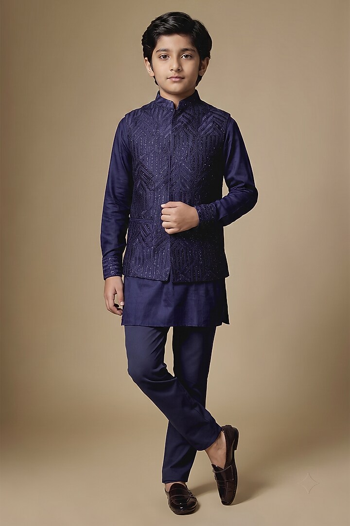 Navy Blue Dupion Silk Machine Embroidered Bundi Jacket Set For Boys by Spring Break- Kids at Pernia's Pop Up Shop