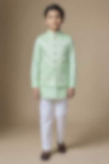 Mint Green Dupion Silk Machine Embroidered Bundi Jacket Set For Boys by Spring Break- Kids at Pernia's Pop Up Shop