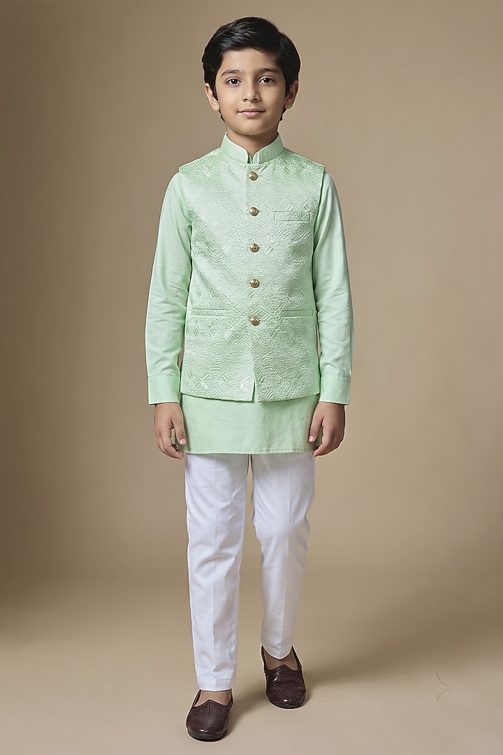Mint Green Dupion Silk Machine Embroidered Bundi Jacket Set For Boys by Spring Break- Kids at Pernia's Pop Up Shop