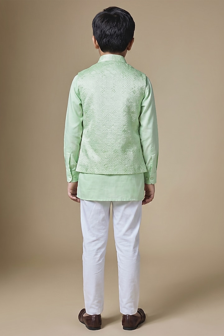 Mint Green Dupion Silk Machine Embroidered Bundi Jacket Set For Boys by Spring Break- Kids at Pernia's Pop Up Shop