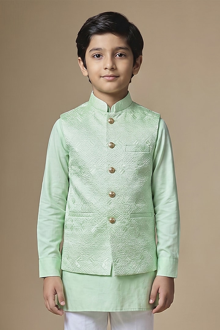 Mint Green Dupion Silk Machine Embroidered Bundi Jacket Set For Boys by Spring Break- Kids at Pernia's Pop Up Shop