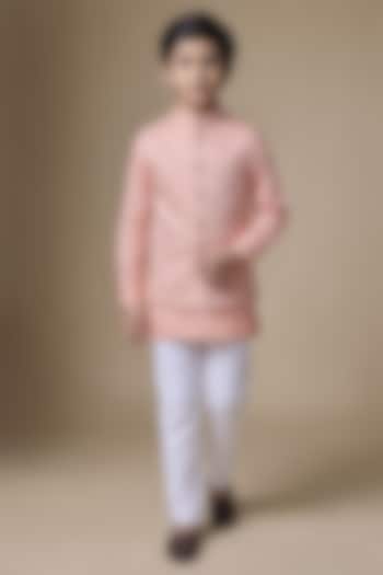 Peach Dupion Silk Machine Embroidered Bundi Jacket Set For Boys by Spring Break- Kids at Pernia's Pop Up Shop