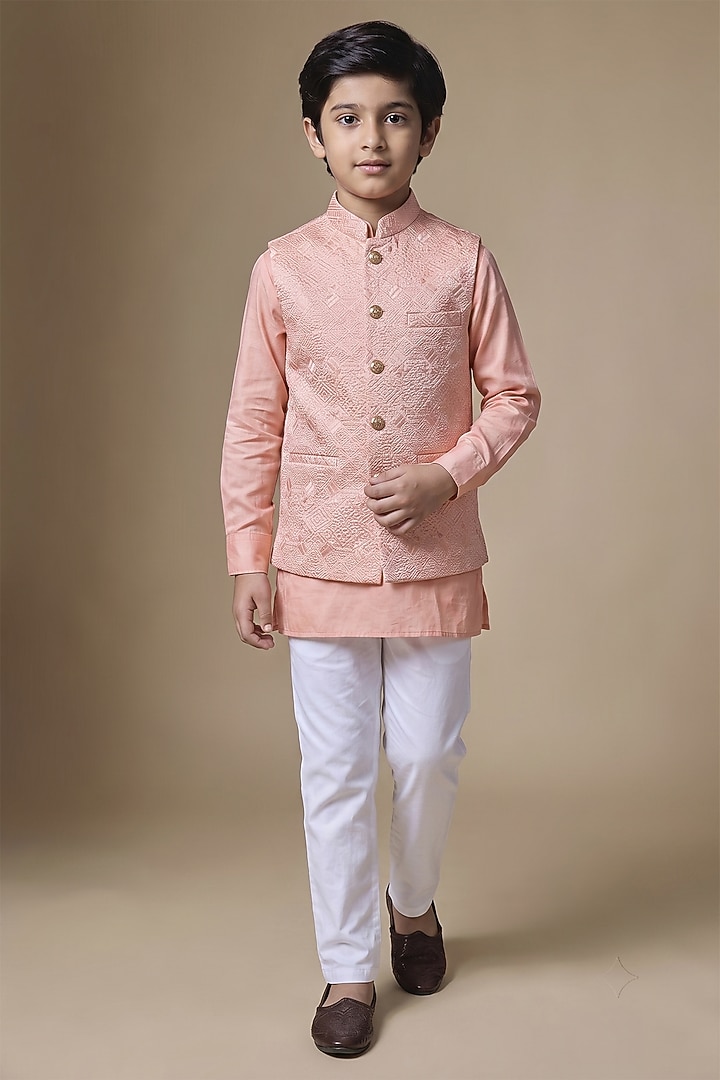 Peach Dupion Silk Machine Embroidered Bundi Jacket Set For Boys by Spring Break- Kids at Pernia's Pop Up Shop