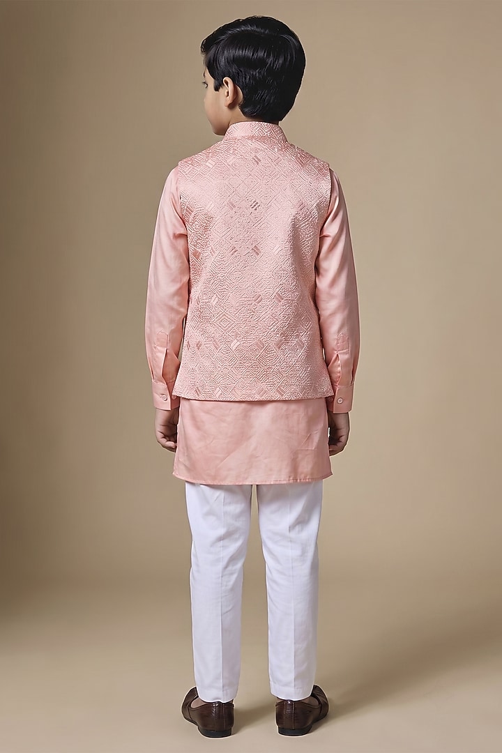 Peach Dupion Silk Machine Embroidered Bundi Jacket Set For Boys by Spring Break- Kids at Pernia's Pop Up Shop